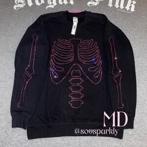 VS PINK Rhinestone Bling Halloween Skeleton Fleece Pullover Crewneck Sweatshirt